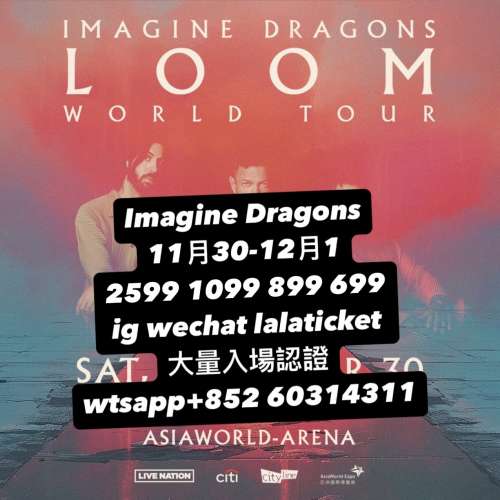Imagine Dragons 2599 1099 899 699 企位坐位靚位 連位單人單丁 夢龍 香港演唱會20...