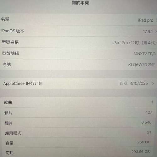 98%新靚機 小用iPad pro 灰色 wi-Fi 2022版四代M2  256G + Apple care11個月