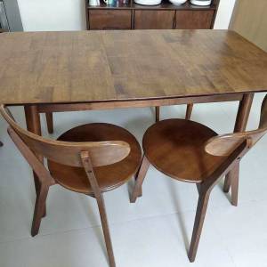 Malaysian Walnut wood extendable table, chairs and bench
