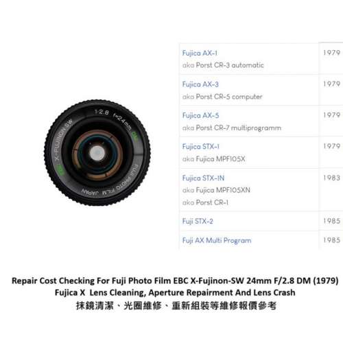 Repair Cost Checking For Fuji Photo Film EBC X-Fujinon-SW 24mm F/2.8 DM (1979)