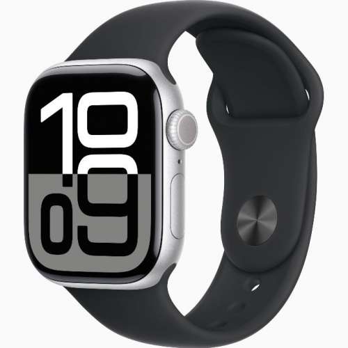 Apple Watch Series 10；42 毫米銀色鋁金屬錶殼；黑色運動錶帶 - M/L