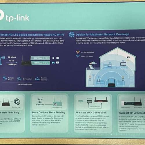 近乎全新 TP-Link AC750 Wireless Dual Band 4G LTE Router(Archer MR200)可插電話...