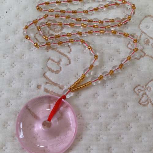 全新粉色水晶吊墜 長款項鍊 粉色毛衣鏈 - 平安扣
