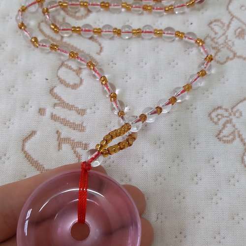 全新粉色水晶吊墜 長款項鍊 粉色毛衣鏈 - 平安扣