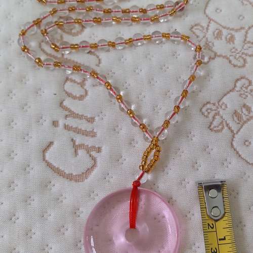 全新粉色水晶吊墜 長款項鍊 粉色毛衣鏈 - 平安扣