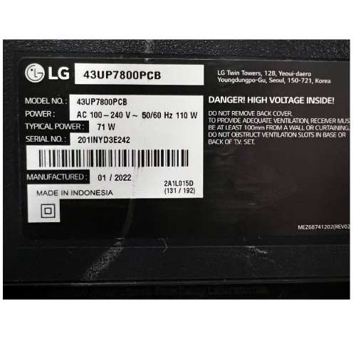 43吋 4K smart TV LG43UP7800 電視