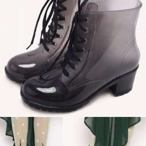 全新日韓防滑半透明煙熏高跟馬丁雨鞋 煙灰雨靴 水鞋 雨鞋 膠鞋 BOOT 靴