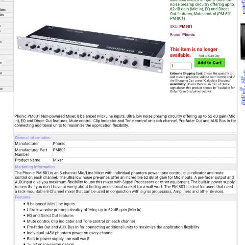 Phonic PM801 Non-powered Mixer, 8 balanced Mic/Line