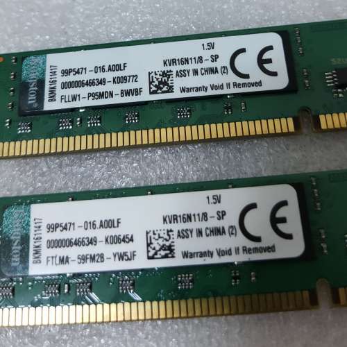 (KVR16N11/8-SP) Kingston DDR3-1600 8GB x 2 Desktop Ram 桌上型記憶體 -100% WORK