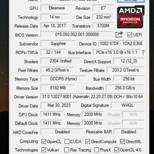 Sapphire  RX580  8GB DDR5