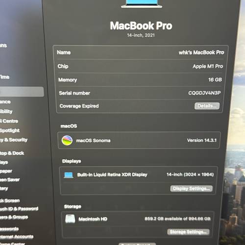 Macbook Pro 14” M1 Pro 16GB 1TB