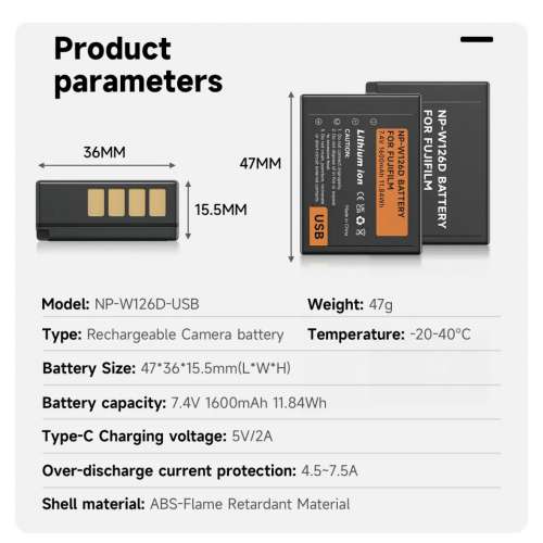 PALO NP-W126 / NP-W126S USB-C Rechargeable Camera Battery  充電相機電池