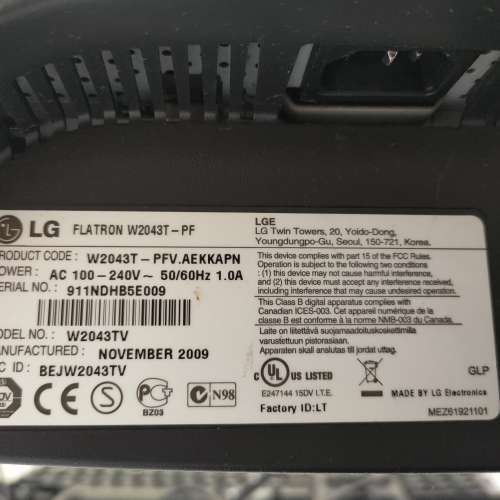 LG W2043T-PF 20吋 mon 電腦屏幕 VGA/DVI