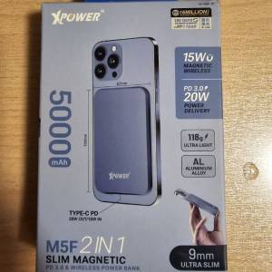 Xpower M5F 2合1 5000mAh鋁合金超薄PD 3.0磁吸無線快速充電器 藍色