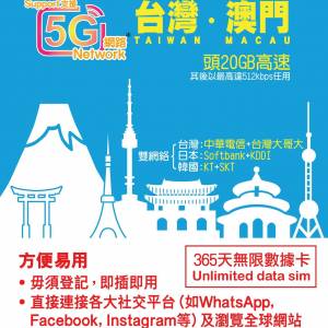 全新 Lucky 2 中國 日本 韓國 澳門 台灣  365天 20GB 5G 漫遊數據卡