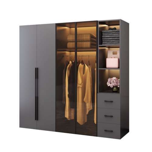 深灰衣櫃 玻璃門 實木材質