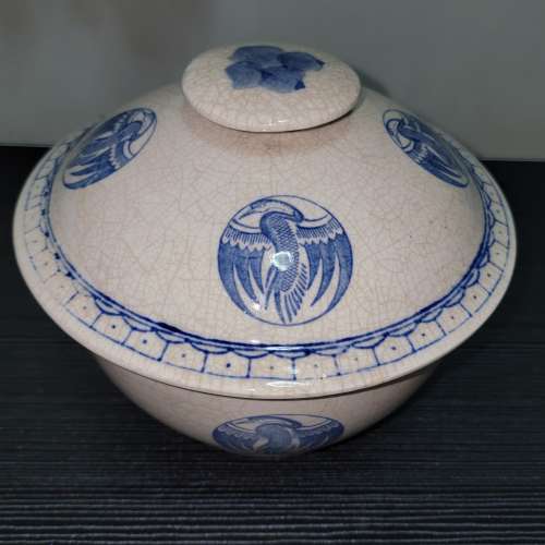 1980 年時代 中國出品 青花團鶴圖案印花 陶瓷 大燉盅 燉鍋 懷舊復古 餐具 Year 198...