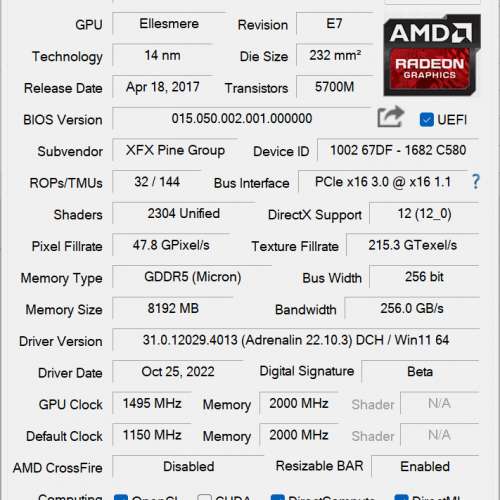xfx rx580  GTS 8GB DDR5 效能1660 相約9成新 not 590 1060 1660 1650 3060