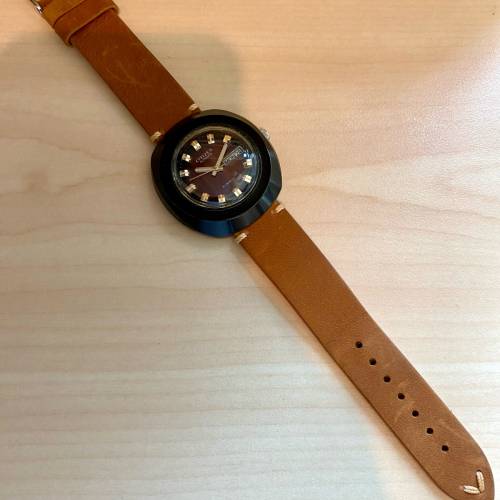 古董1973年星晨自動手錶Citizen BLUA 6501, 深啡色瑪瑙 石質外殼虎眼石錶面