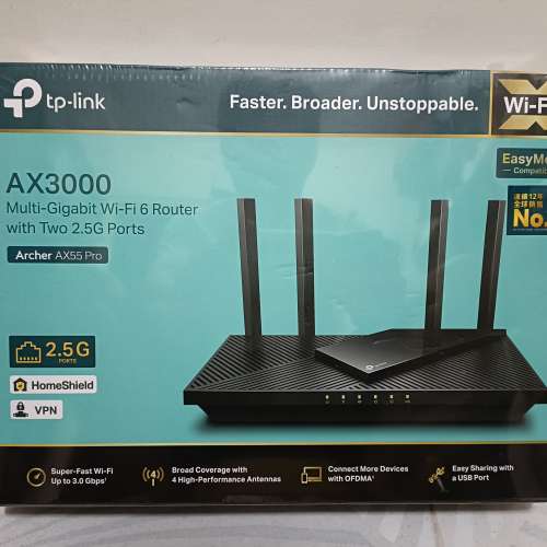 全新 雙2.5G port WiFi 6 router 路由器 tp-link Archer AX55 Pro, 支援2500M寬頻