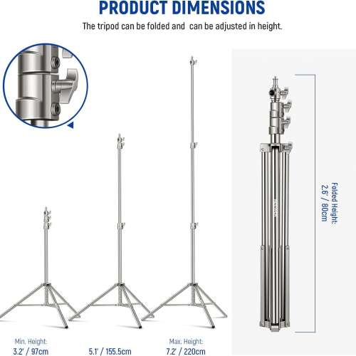 NEEWER 220cm Light Stand Stainless Steel Spring Loaded  不鏽鋼燈架 (ST-220SS)