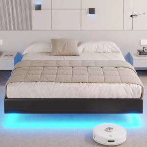 Floating Queen Bed Frame with LED Lights, Modern Upholstered Platform Bed Frame