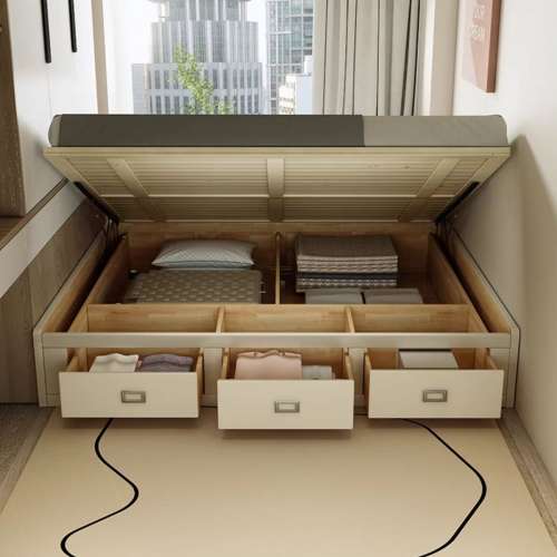 All solid wood tatami bed without headboard Air pressure high box storage bed