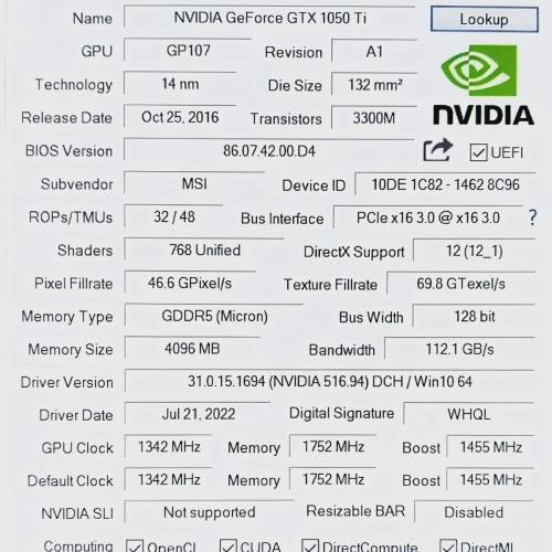 MSI GTX 1050 Ti AERO ITX 4G OCV1