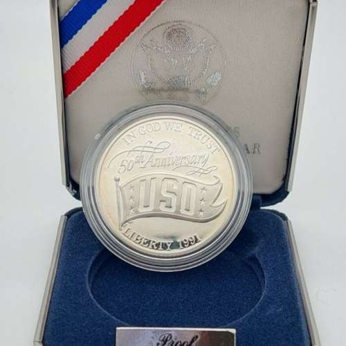 1991 S Proof USO Silver Dollar US Mint Commemorative $1 Coin with Box and COA
