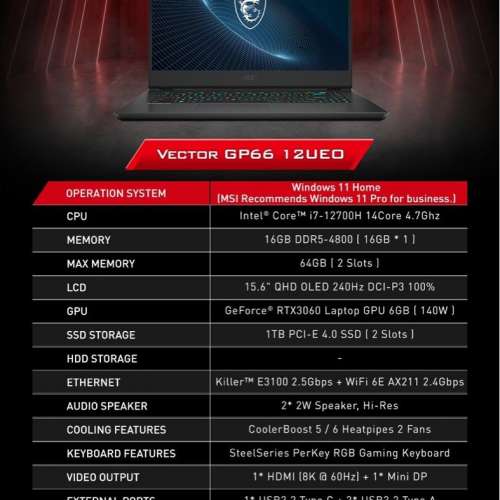 MSI VECTOR GP66-12UEO OLED 2K 240Hz RTX3060 140W 32GB 1.5TB SSD