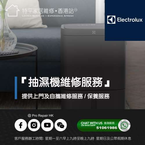 【 提供 Electrolux 伊萊克斯 抽濕機上門及自攜維修服務 】 特平家居維修 • 香港站™