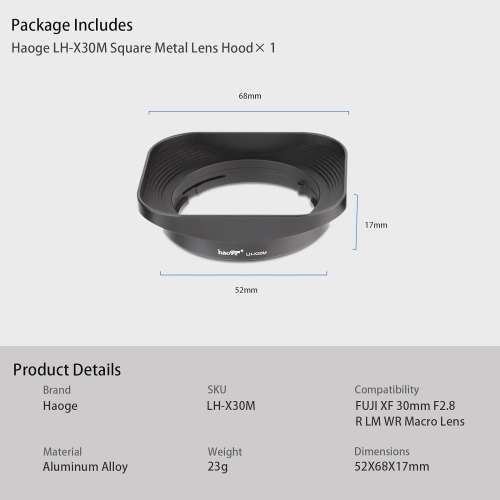 Haoge LH-X30M Bayonet Square Metal Lens Hood Fujifilm FUJINON XF 30mm F2.8 R LM