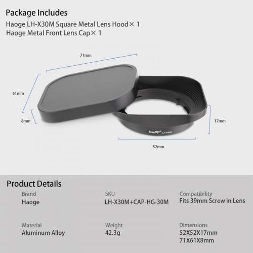 Haoge LH-X30M Bayonet Square Metal Lens Hood Fujifilm FUJINON XF 30mm F2.8 R LM
