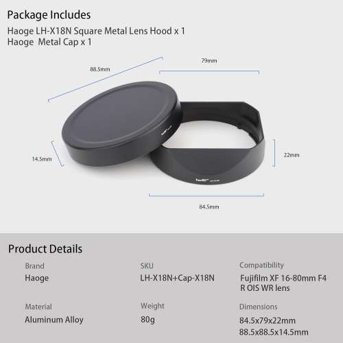 Haoge LH-X18N Bayonet Square Metal Lens Hood For Fujifilm 16-80mm F4 方形遮光罩