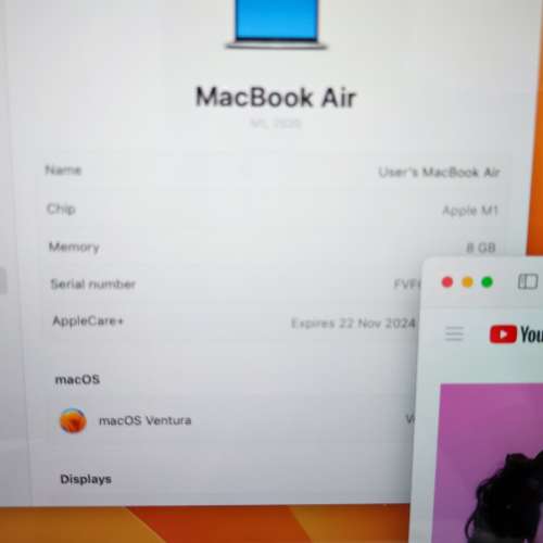 極新淨有保M1 Macbook Air 2020 2021年買Apple Care 到2024年11月新機一樣極完美有...