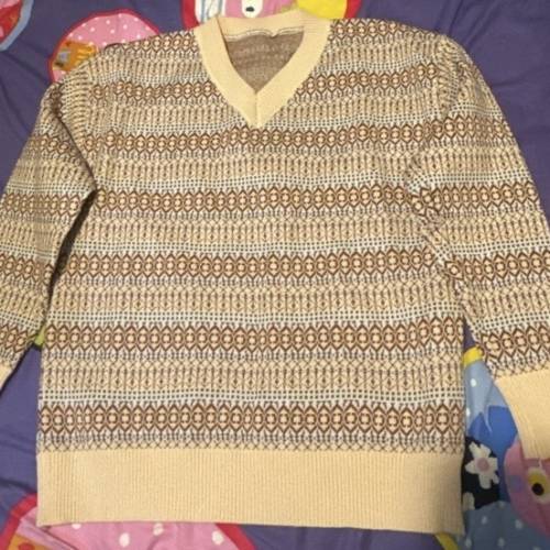 全新 復古文藝V領幾何撞色設計針織上衣