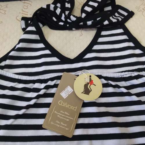 全新黑白橫間條背心 打底衫 上衣 襯衫 襯衣 掛頸綁繩背心 綁頸帶背心 吊帶 背心 領...