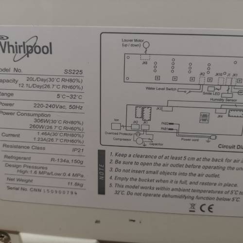 Dehumidifier 惠而浦。Whirlpool. ss225.  20升 殺菌三合一抽濕機