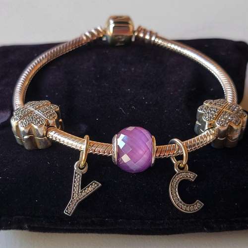 丹麥Pandora 紫鑚石, YC雙字母, 四心葉閃石, 蛇形手鏈, 100%全新,港行