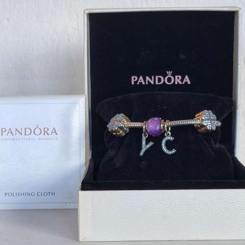 丹麥Pandora 紫鑚石, YC雙字母, 四心葉閃石, 蛇形手鏈, 100%全新,港行