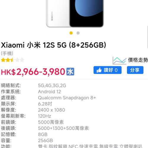 Xiaomi 小米 12S 5G (8+256GB)  套裝 Xiaomi Buds 3T Pro 降噪藍牙耳機
