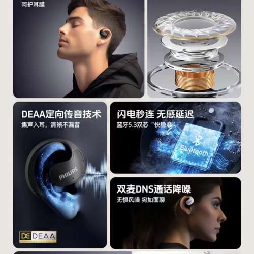 PHILIPS飛利浦藍牙耳機真無線掛耳式開放式運動跑步長續航降噪耳機