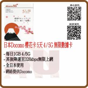 日本docomo 5天無限上網卡 5G 日本數據卡 日本上網卡 櫻花卡 (超卓)香港東區