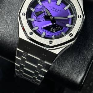 G-SHOCK Casioak Mod 手錶拋光銀色錶殼金屬錶帶白色時標紫色錶盤 44 毫米