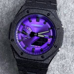 G-SHOCK Casioak Mod 手錶磨砂黑色錶殼金屬錶帶黑色時標紫色錶盤 44 毫米