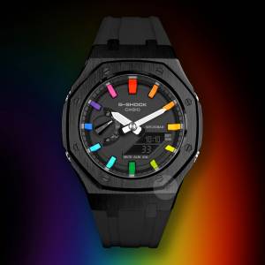 G-SHOCK Casioak Mod 手錶拋光黑色錶殼橡膠錶帶彩虹時標黑色錶盤 44 毫米
