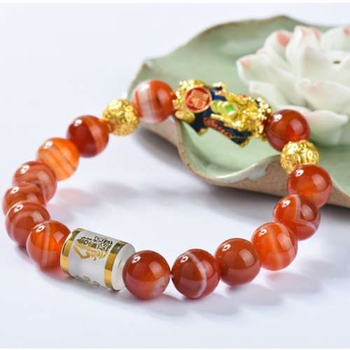 瑪瑙手串天然紅瑪瑙手鍊情侶款男女 黃銅鍍沙金感溫變色貔貅