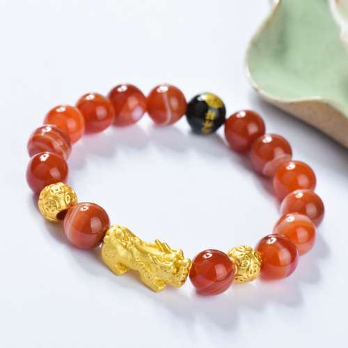 瑪瑙手串天然紅瑪瑙手鍊情侶款男女 黃銅鍍沙金感溫變色貔貅