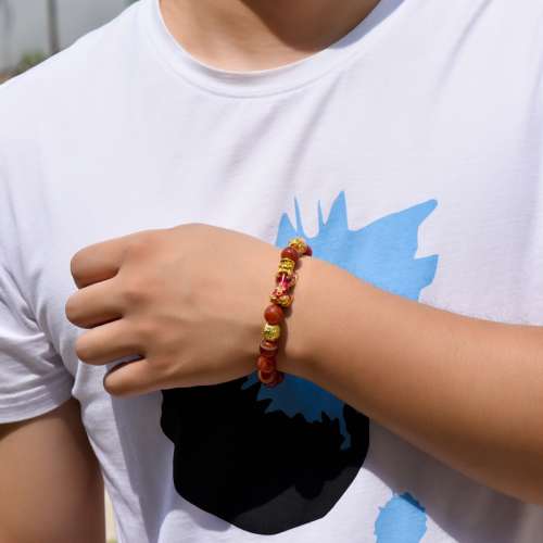 瑪瑙手串天然紅瑪瑙手鍊情侶款男女 黃銅鍍沙金感溫變色貔貅