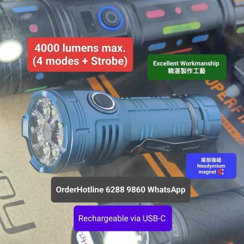 超強光手電筒.最高可達4000流明.尾部強磁.配26650mAh鋰電. USB-C直接充電 Flashligh...